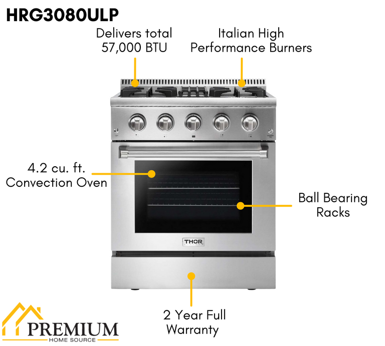 Thor Kitchen Package - 30 in. Professional Propane Gas Range, Range Hood, Refrigerator & Dishwasher, AP-HRG3080ULP-3