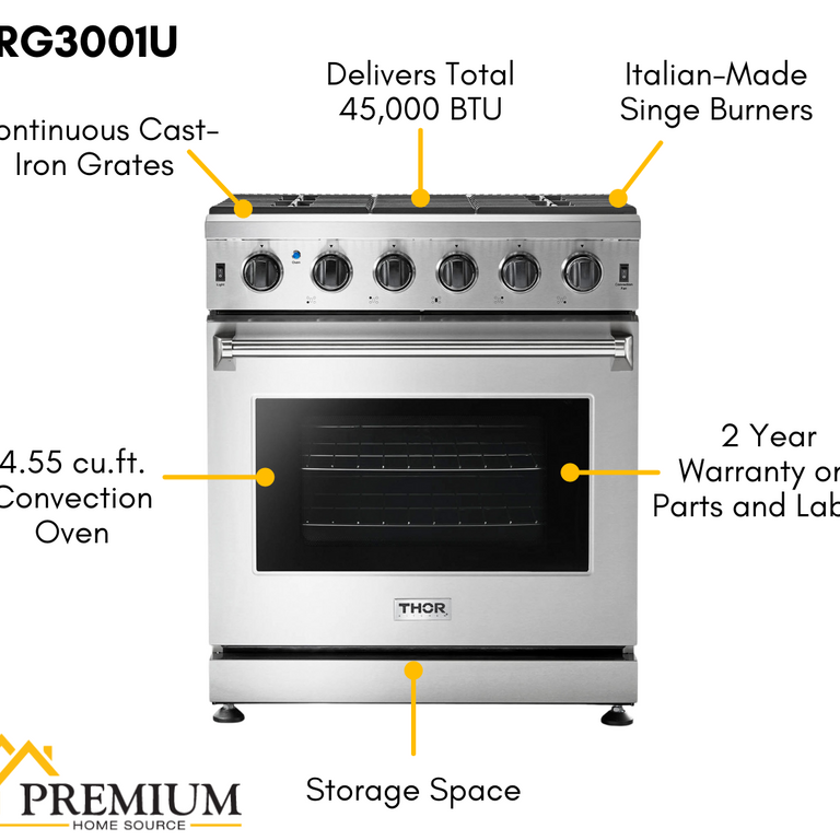 Thor Kitchen Appliance Package - 30 in. Natural Gas Range, Range Hood, Microwave Drawer, Refrigerator, Dishwasher, Wine Cooler, AP-LRG3001U-8