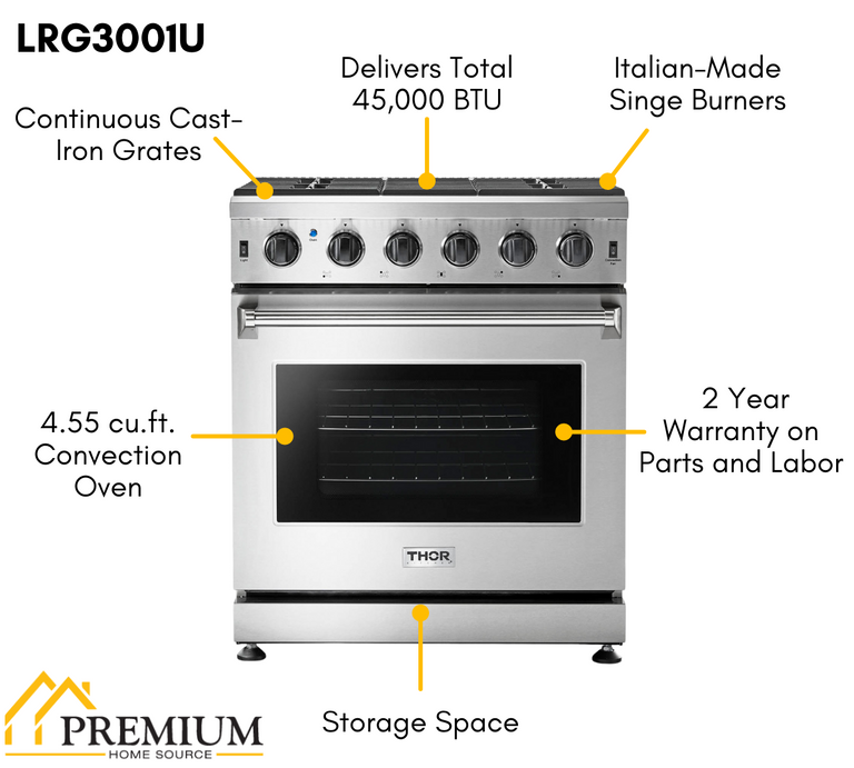 Thor Kitchen Package - 30" Propane Gas Range, Range Hood, Microwave, Refrigerator with Water and Ice Dispenser, Dishwasher, Wine Cooler