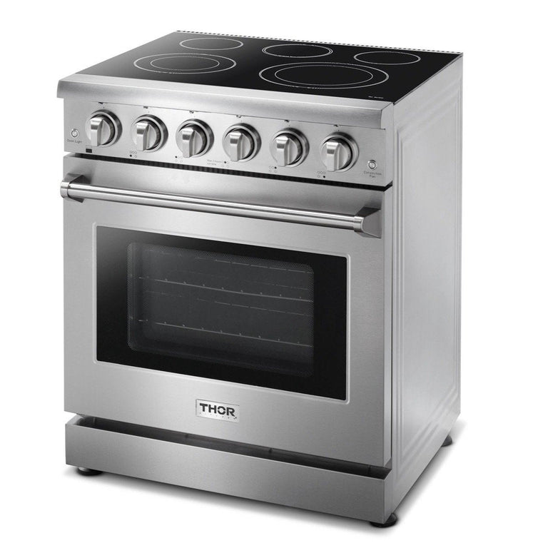 Thor Kitchen Package - 30" Electric Range, Range Hood, Refrigerator with Water and Ice Dispenser, Dishwasher
