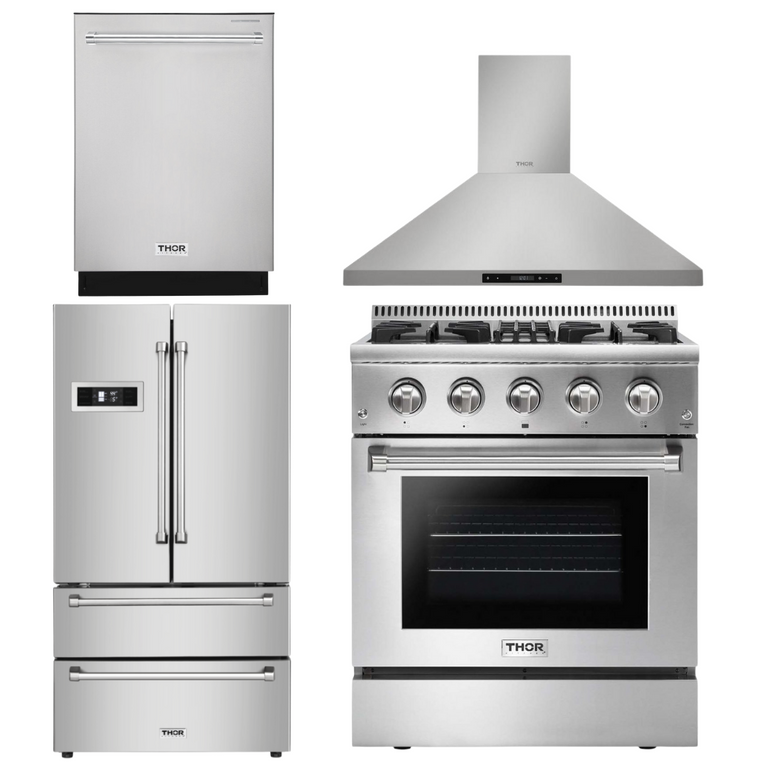 Thor Kitchen 30 in. Gas Burner/Electric Oven Range, Range Hood, Refrigerator & Dishwasher Package, AP-HRD3088U-3
