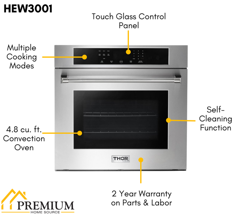 Thor Kitchen Package - 30" Wall Oven, Cooktop, Range Hood, Refrigerator, Dishwasher, Microwave, AP-HEW3001-DC-30-4