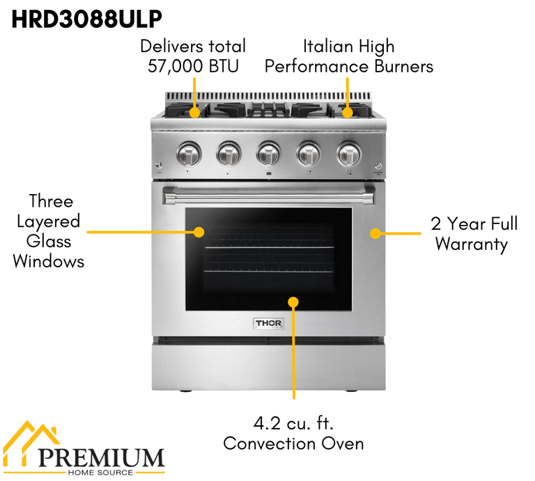 Thor Kitchen Package - 30 in. Propane Gas Burner/Electric Oven Range, Microwave Drawer, Refrigerator, Dishwasher, AP-HRD3088ULP-6