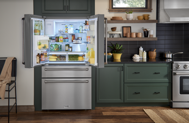 Thor Kitchen Appliance Package - 36 In. Gas Range, Range Hood, Microwave Drawer, Refrigerator with Water and Ice Dispenser, Dishwasher, Wine Cooler, AP-TRG3601-C-10