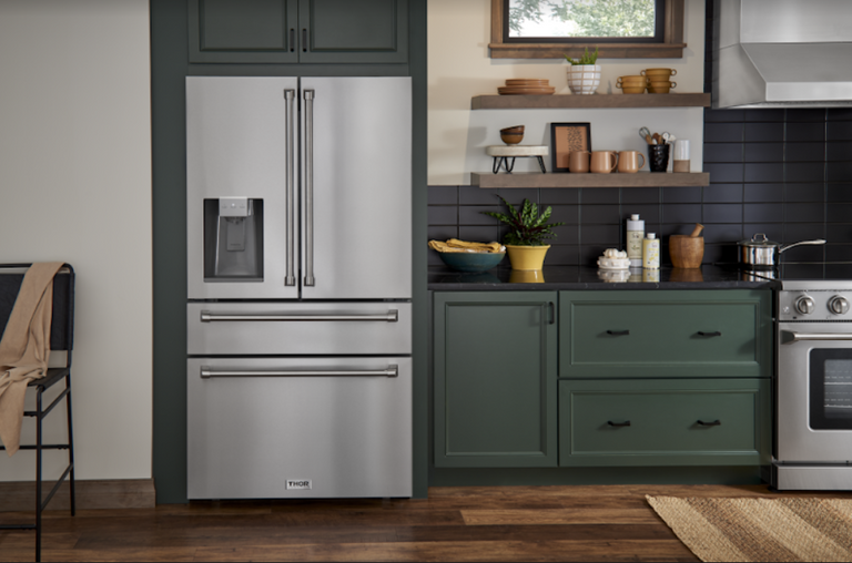 Thor Kitchen Package - 30" Propane Gas Range, Range Hood, Refrigerator with Water and Ice Dispenser, Dishwasher, Wine Cooler