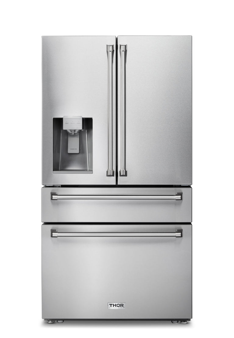 Thor Kitchen Package - 36" Gas Range, Microwave, Refrigerator with Water and Ice Dispenser, Dishwasher, AP-HRG3618U-12