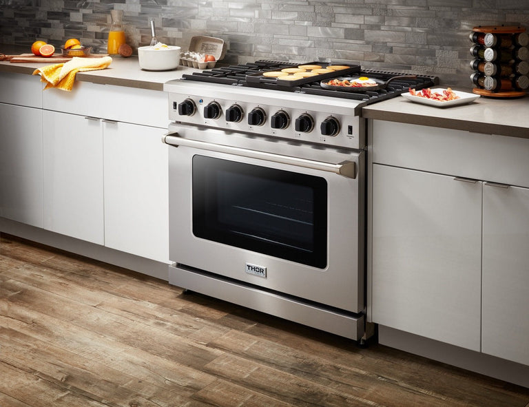 Thor Kitchen Package - 36" Propane Gas Range, Refrigerator with Water and Ice Dispenser, Dishwasher, AP-LRG3601ULP-9