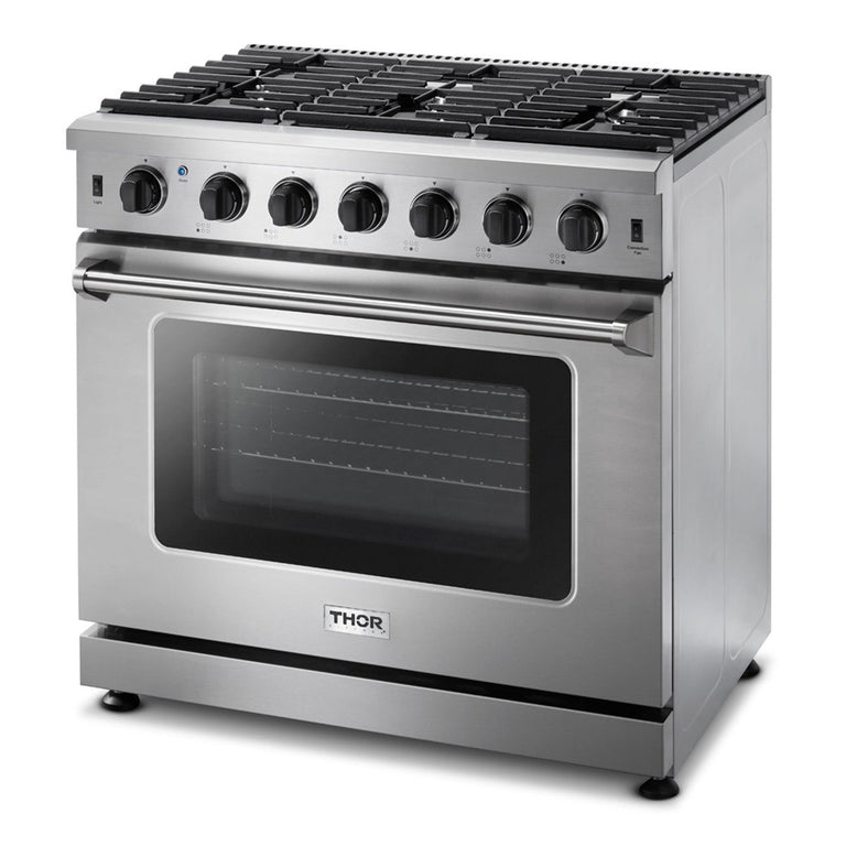 Thor Kitchen Package - 36" Gas Range, Range Hood, Microwave, Refrigerator with Water and Ice Dispenser, Dishwasher, AP-LRG3601U-13
