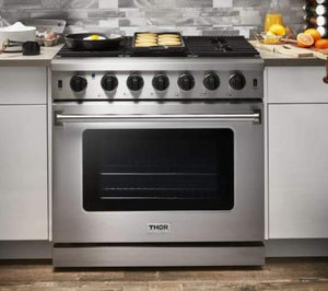 THOR Kitchen Package - 36" Gas Range, Range Hood, Refrigerator with Water and Ice Dispenser, Dishwasher, AP-LRG3601U-10