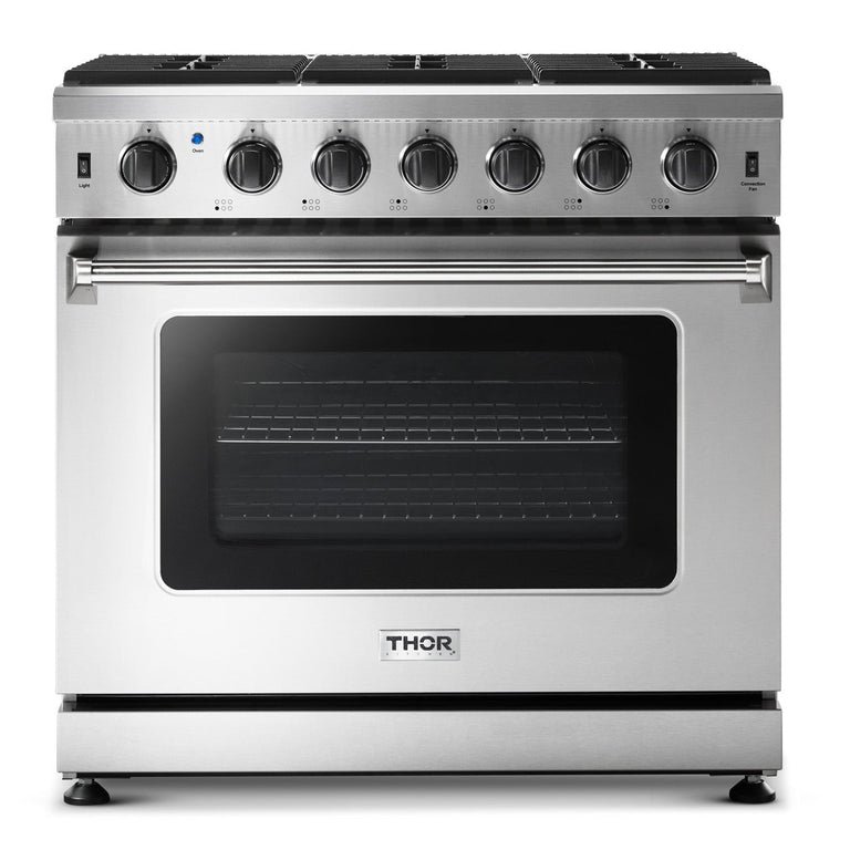 Thor Kitchen Package - 36" Gas Range, Range Hood, Microwave, Refrigerator with Water and Ice Dispenser, Dishwasher, AP-LRG3601U-C-9