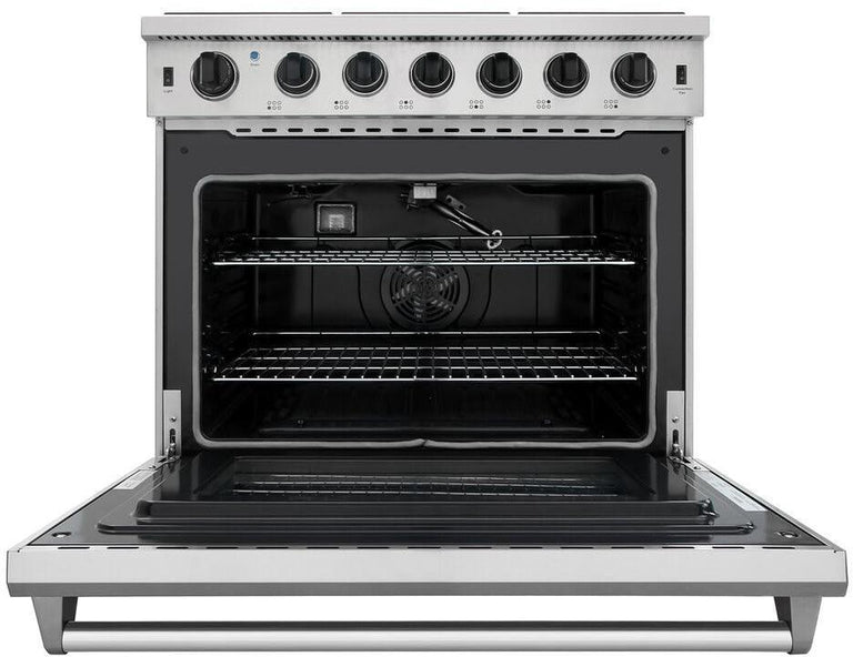 Thor Kitchen Package - 36 Inch Propane Gas Range, Range Hood, Microwave, Refrigerator with Water and Ice Dispenser, Dishwasher, AP-LRG3601ULP-W-9