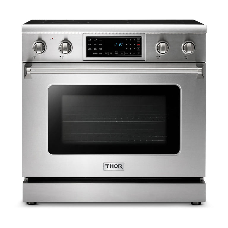 Thor Kitchen Package - 36" Electric Range, Range Hood, Microwave, Refrigerator with Water and Ice Dispenser, Dishwasher, AP-TRE3601-W-9