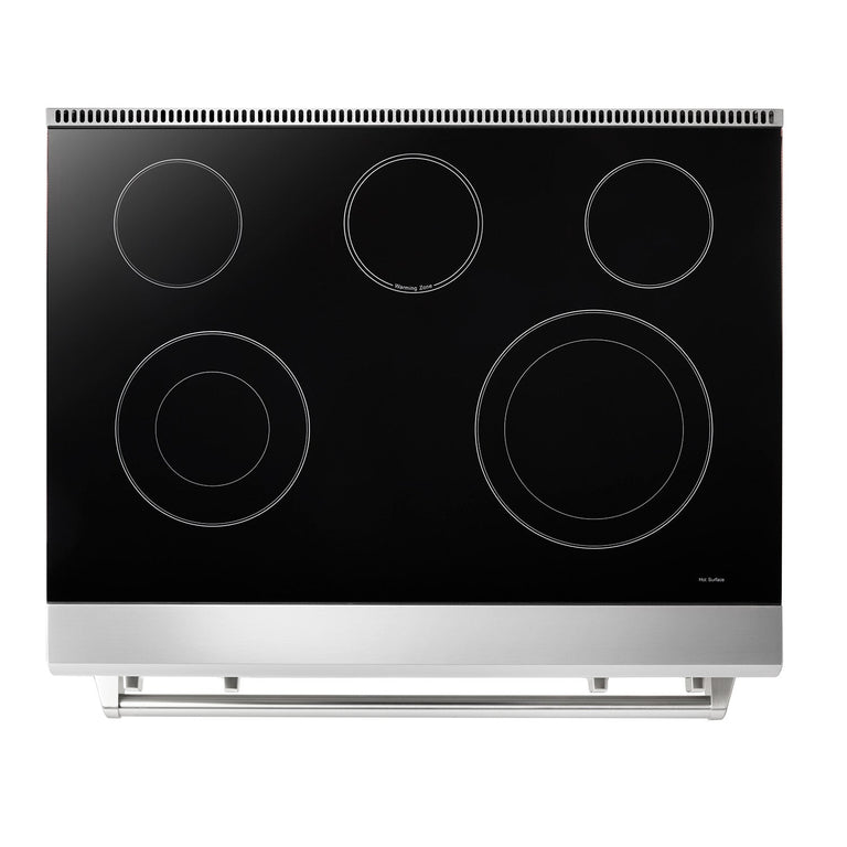 Thor Kitchen Appliance Package - 36 In. Electric Range, Range Hood, Refrigerator with Water and Ice Dispenser, Dishwasher, Wine Cooler, AP-TRE3601-11