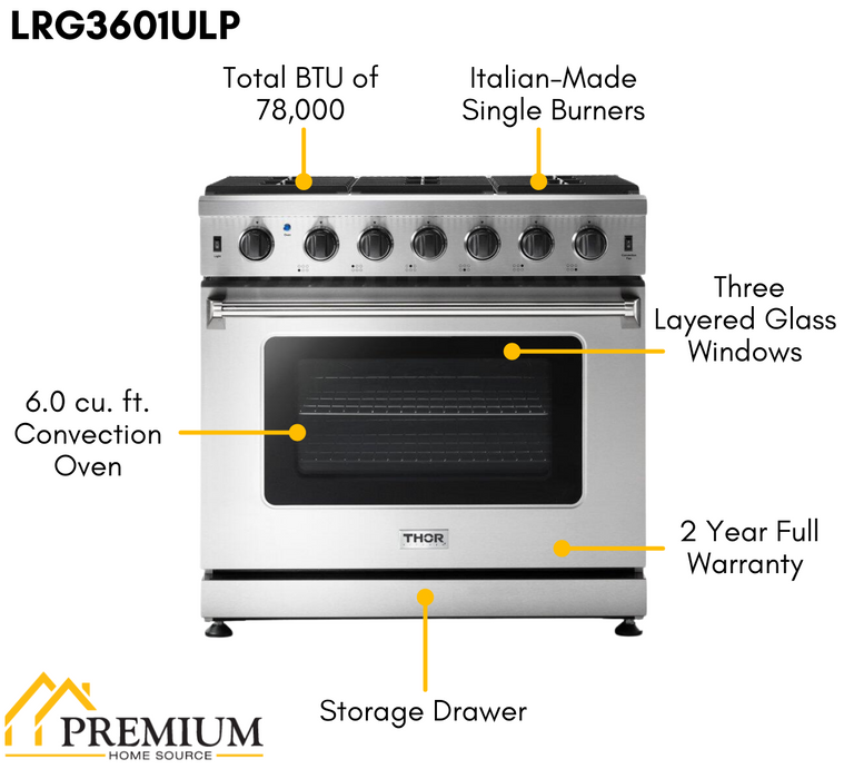 Thor Kitchen Package - 36" Propane Gas Range, Range Hood, Microwave, Refrigerator, Dishwasher, Wine Cooler, AP-LRG3601ULP-8
