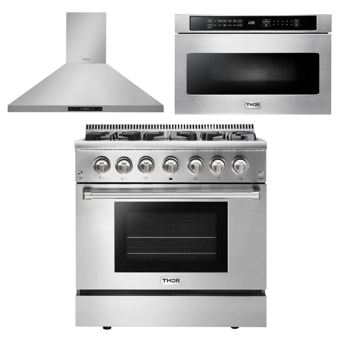 Thor Kitchen 36 in. Gas Burner/Electric Oven Range, Range Hood, Microwave Drawer, AP-HRD3606U-5