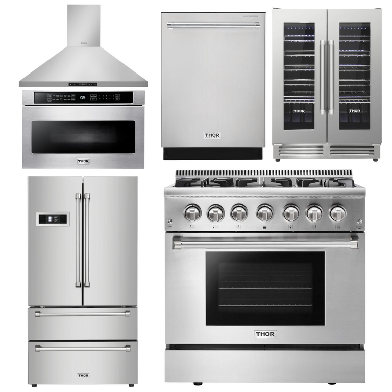 Thor Kitchen 36 in. Gas Burner/Electric Oven Range, Range Hood, Microwave Drawer, Refrigerator, Dishwasher, Wine Cooler, AP-HRD3606U-8