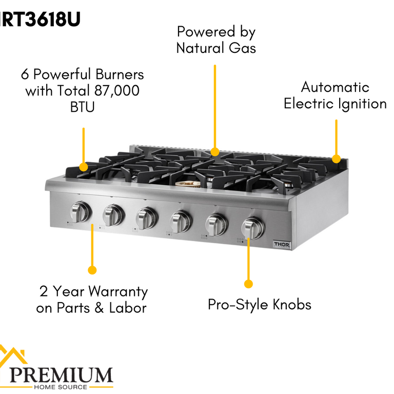 Thor Kitchen Appliance Package - 36 In. Propane Gas Rangetop and Range Hood, AP-HRT3618ULP