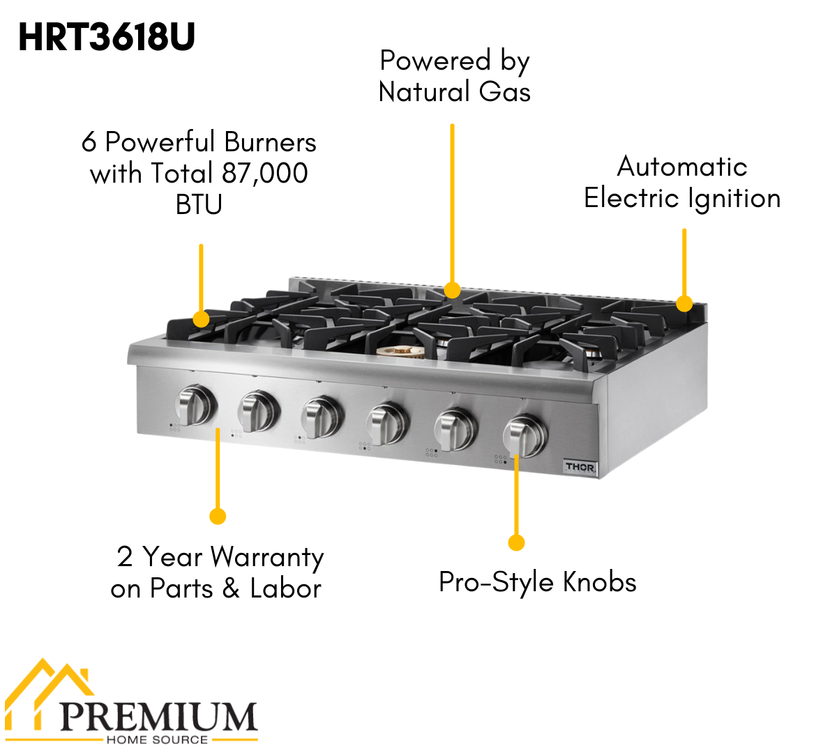 Thor Kitchen 36 in. Gas Cooktop in Stainless Steel with 6 Burners, HRT3618U