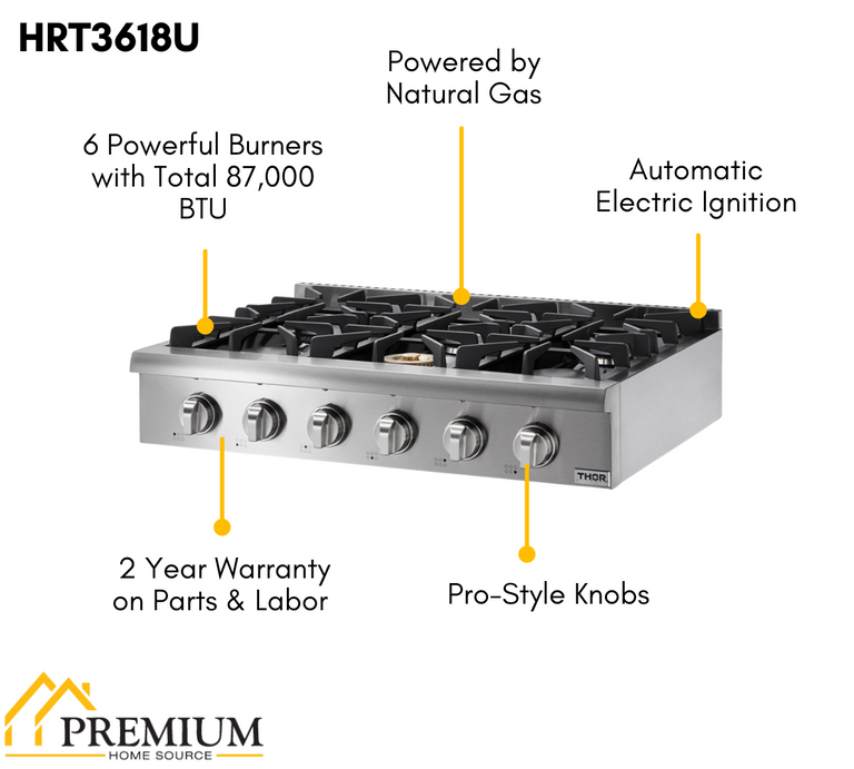 Thor Kitchen 36 in. Gas Cooktop in Stainless Steel with 6 Burners, HRT3618U