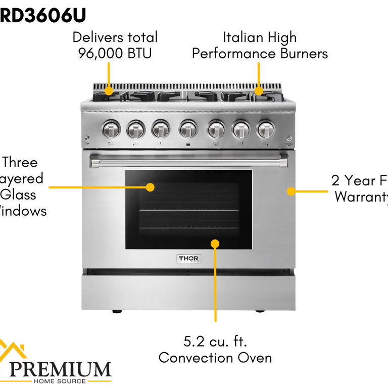 Thor Kitchen Package - 36 in. Gas Burner/Electric Oven Range, Range Hood, Refrigerator, Dishwasher & Wine Cooler, AP-HRD3606U-4