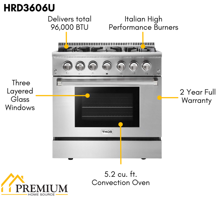 Thor Kitchen 36 in. Gas Burner/Electric Oven Range, Range Hood, Microwave Drawer, Refrigerator, Dishwasher, AP-HRD3606U-7
