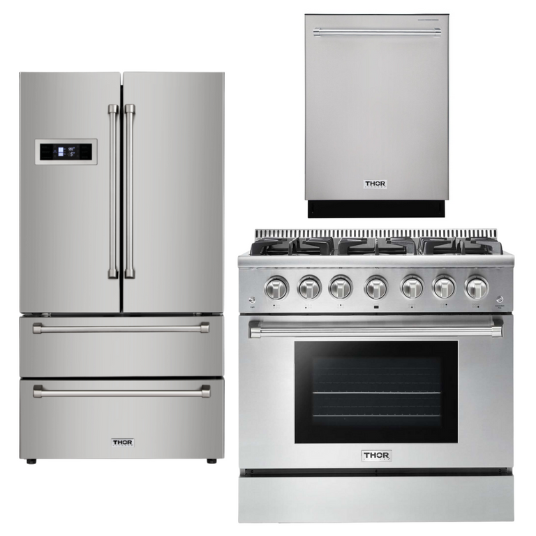 Thor Kitchen 36 in. Gas Range, Range Hood, Refrigerator & Dishwasher  Professional Appliance Package, AP-HRG3618U-3