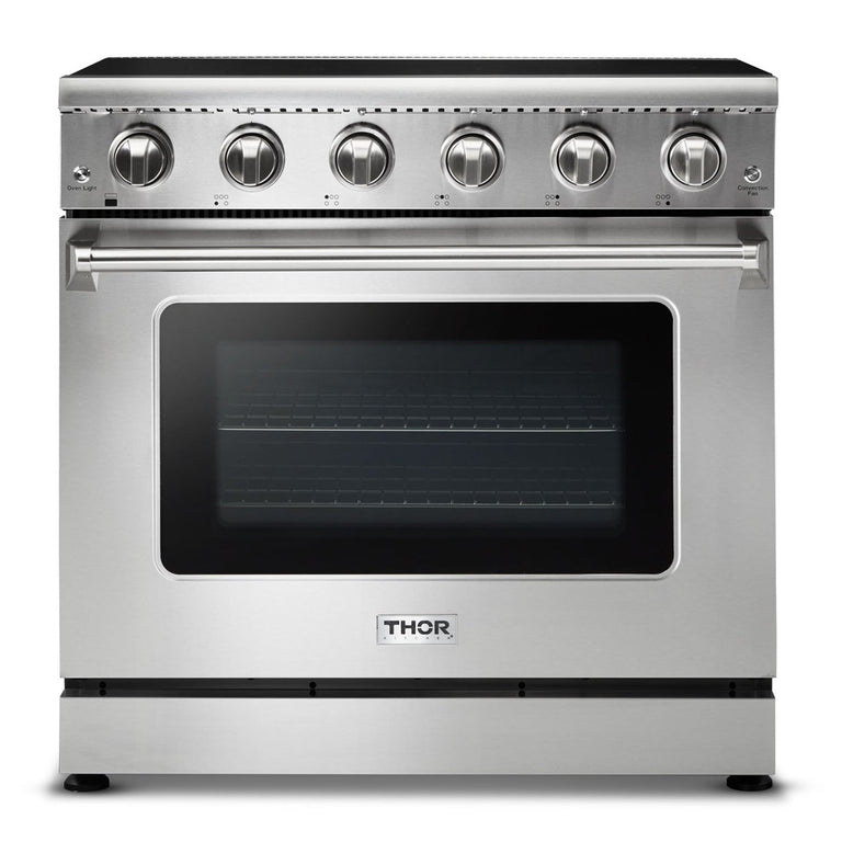 Thor Kitchen Package - 36" Electric Range, Range Hood, Refrigerator with Water and Ice Dispenser, Dishwasher, AP-HRE3601-10