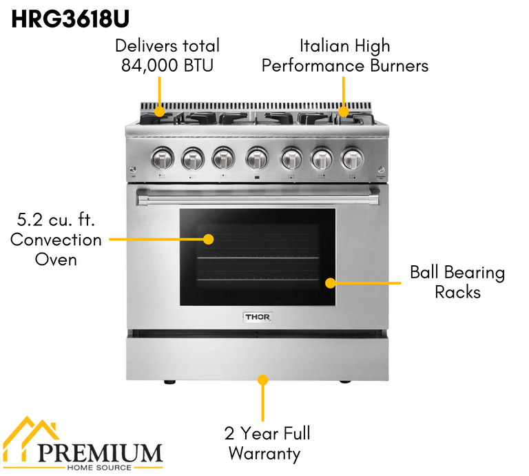 Thor Kitchen Package - 36" Gas Range, Range Hood, Refrigerator, Dishwasher, AP-HRG3618U-C-2