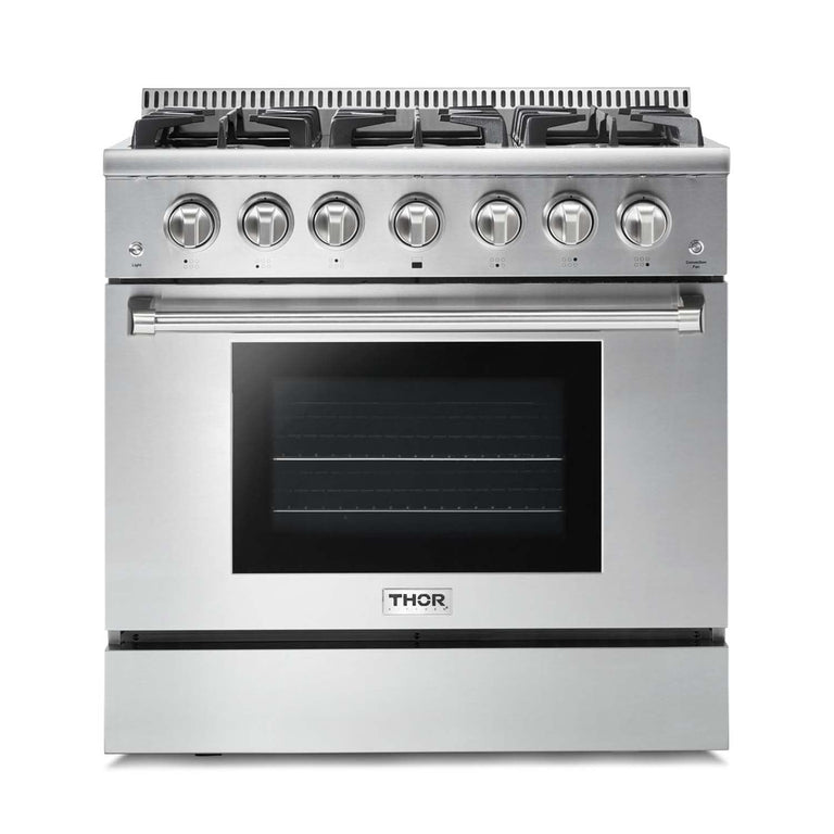 Thor Kitchen Package - 36" Gas Range, Hood, Microwave, Refrigerator with Water and Ice Dispenser, Dishwasher