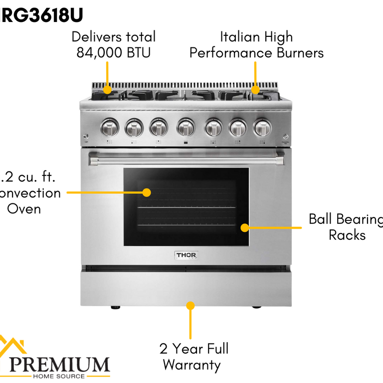 Thor Kitchen Package - 36 in. Natural Gas Range, Range Hood, Refrigerator, Dishwasher & Wine Cooler, AP-HRG3618U-4