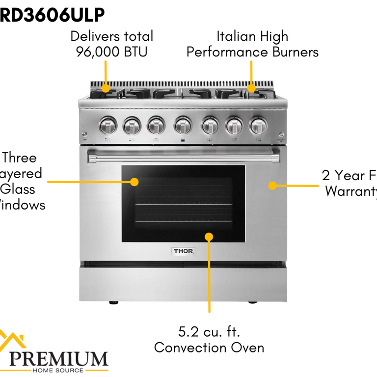 Thor Kitchen Package - 36 in. Propane Gas Burner/Electric Oven Range, Range Hood, Refrigerator, Dishwasher & Wine Cooler, AP-HRD3606ULP-4