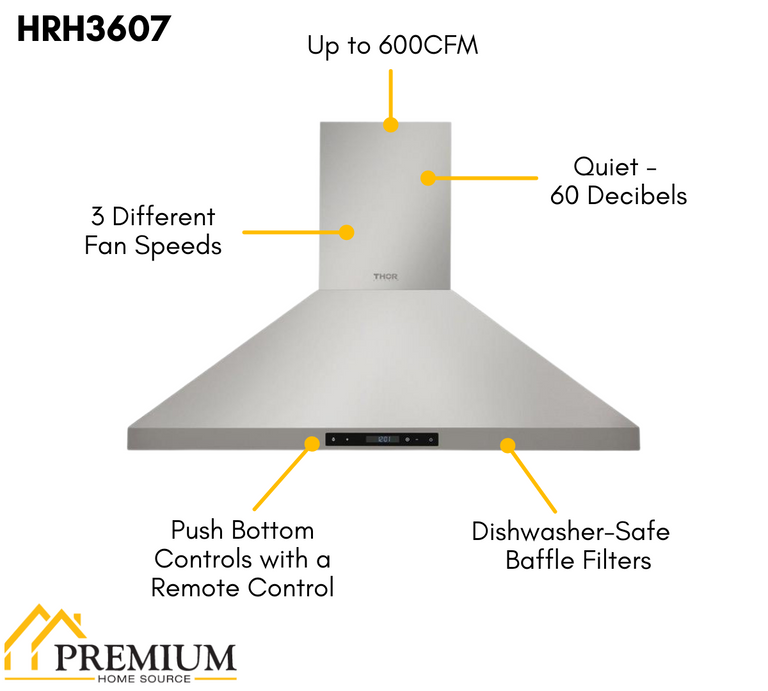 Thor Kitchen 36 in. Gas Burner/Electric Oven Range & Range Hood Package, AP-HRD3606U