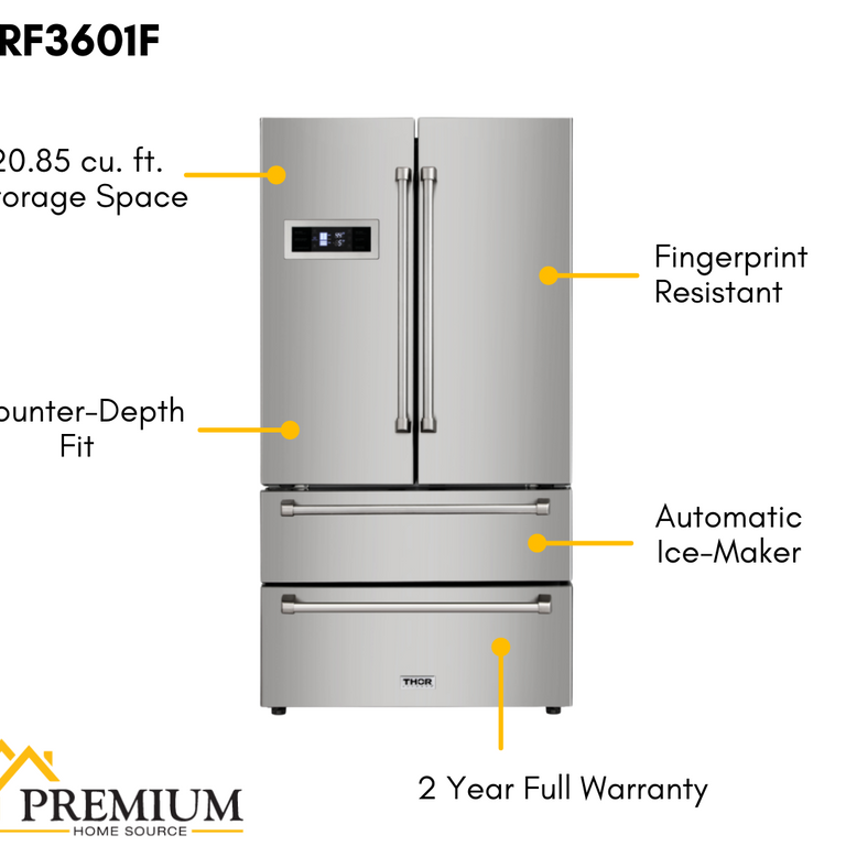 Thor Kitchen Appliance Package - 36 In. Propane Gas Range, Range Hood, Refrigerator, Dishwasher, Wine Cooler, AP-LRG3601ULP-W-3