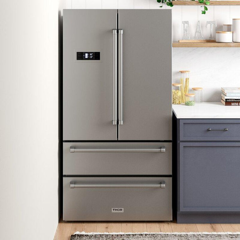 Thor Kitchen Package - 30" Gas Range, Range Hood, Refrigerator with Water and Ice Dispenser, Dishwasher, Wine Cooler, AP-HRG3080U-W-8