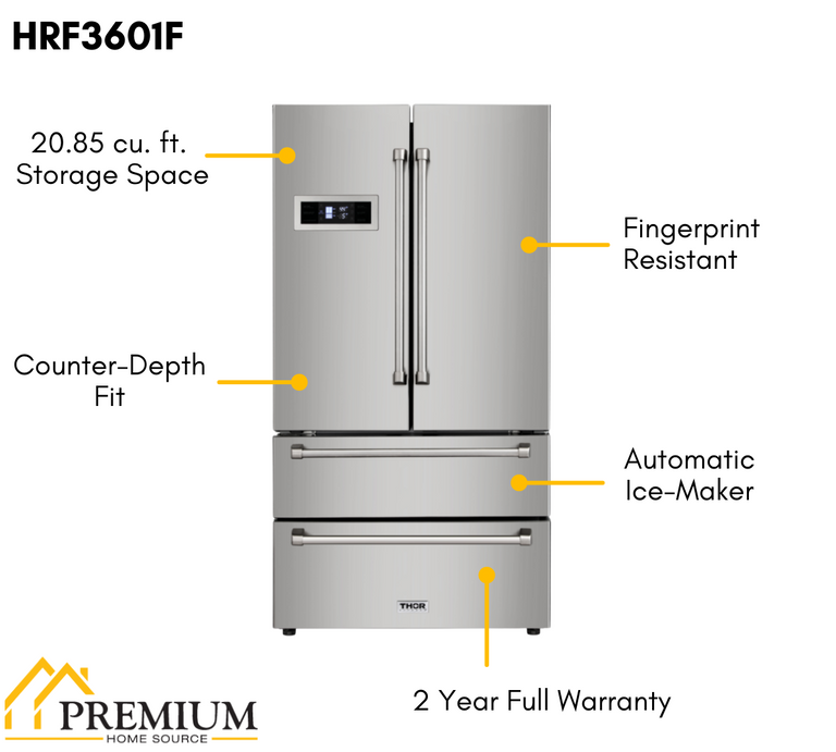 Thor Kitchen Package - 36 in. Natural Gas Range, Range Hood, Microwave Drawer, Refrigerator, Dishwasher, AP-HRG3618U-7