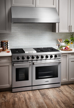 THOR Kitchen Package - 48" Gas Range, Range Hood, Refrigerator with Water and Ice Dispenser, Dishwasher, Wine Cooler, Microwave, AP-LRG4807U-14