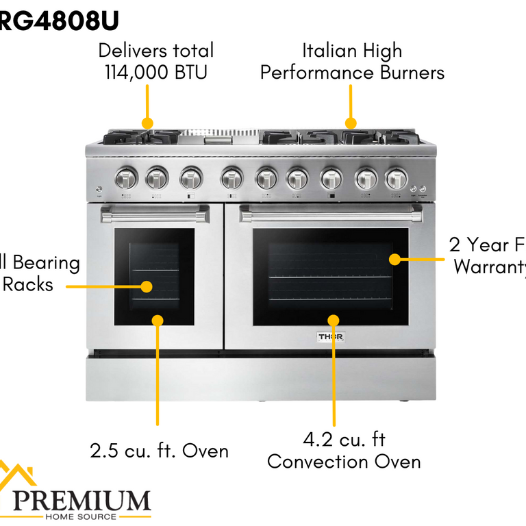 Thor Kitchen Professional Package 48 in. Gas Range, Range Hood, Refrigerator, Dishwasher, Microwave Drawer, Wine Cooler, AP-HRG4808U-8