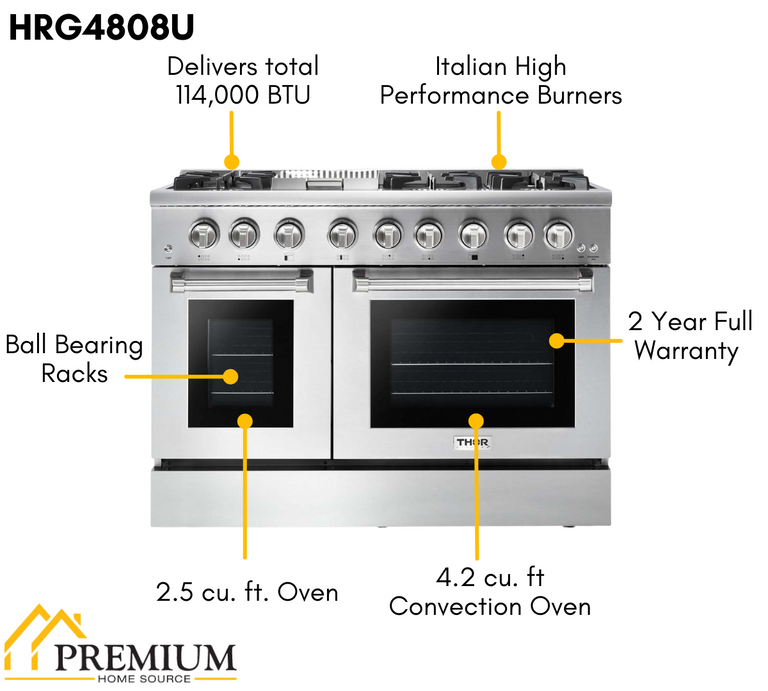 Thor Kitchen Professional Package 48 in. Gas Range, Range Hood, Refrigerator, Dishwasher, Microwave Drawer, Wine Cooler, AP-HRG4808U-8