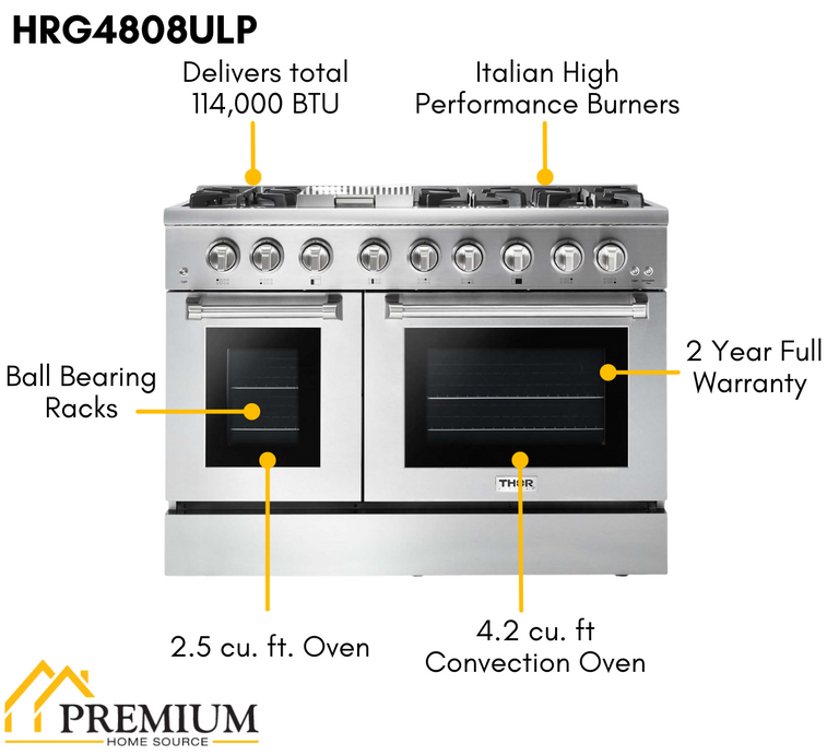 Thor Kitchen Professional Package - 48 in. Propane Gas Range, Refrigerator, Dishwasher, Microwave Drawer, AP-HRG4808ULP-6
