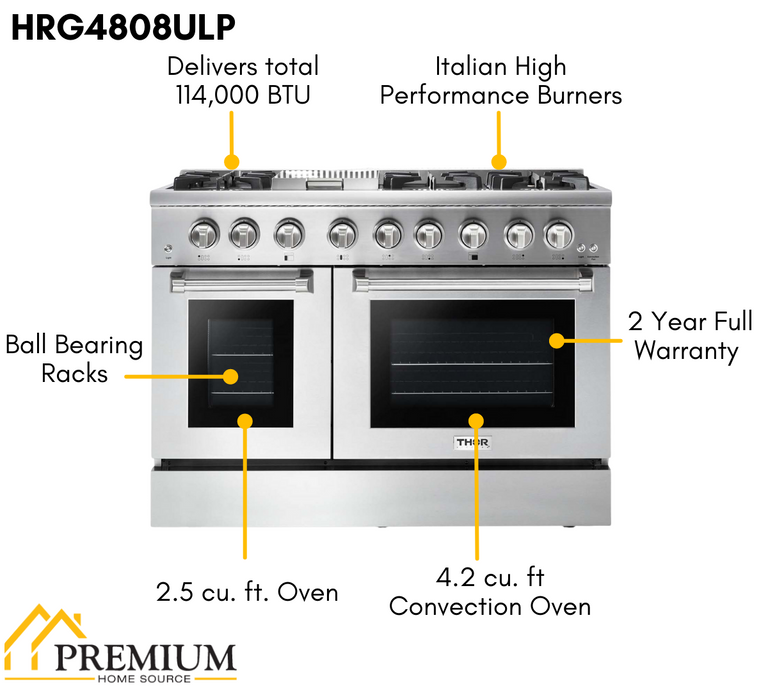 Thor Kitchen Professional 48 in. Propane Gas Range, Refrigerator, Dishwasher Package, AP-HRG4808ULP-2