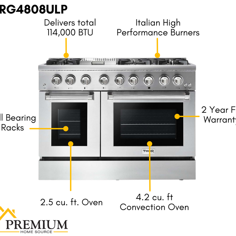 Thor Kitchen Professional Package 48 in. Propane Gas Range, Range Hood, Refrigerator, Dishwasher, Microwave Drawer, Wine Cooler, AP-HRG4808ULP-8