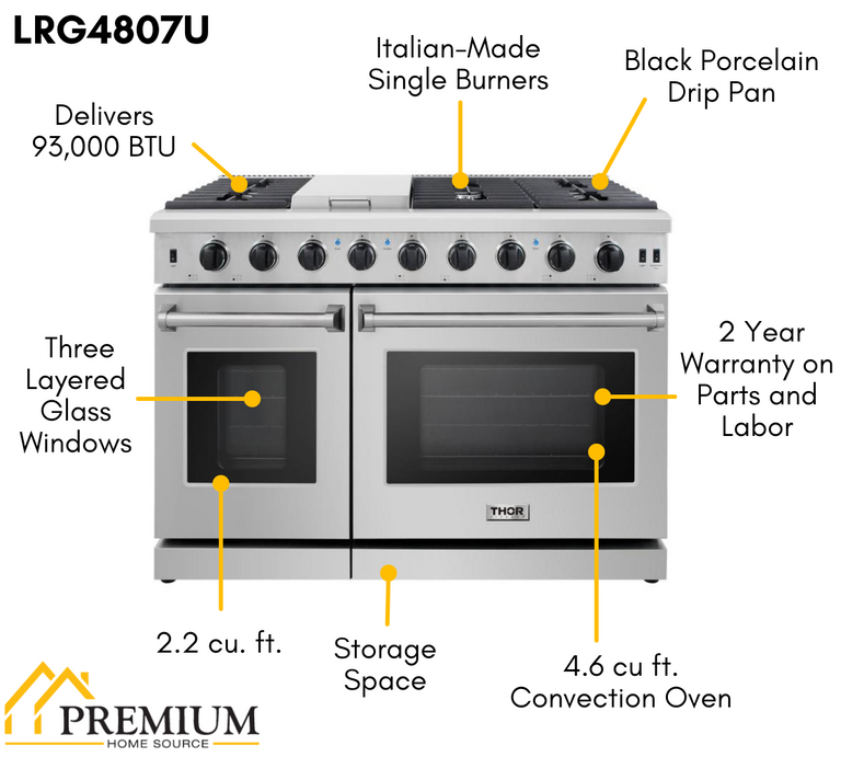 Thor Kitchen Appliance Set - 48 in. Gas Range, Wall Mount Range Hood, AS-LRG4807U-W