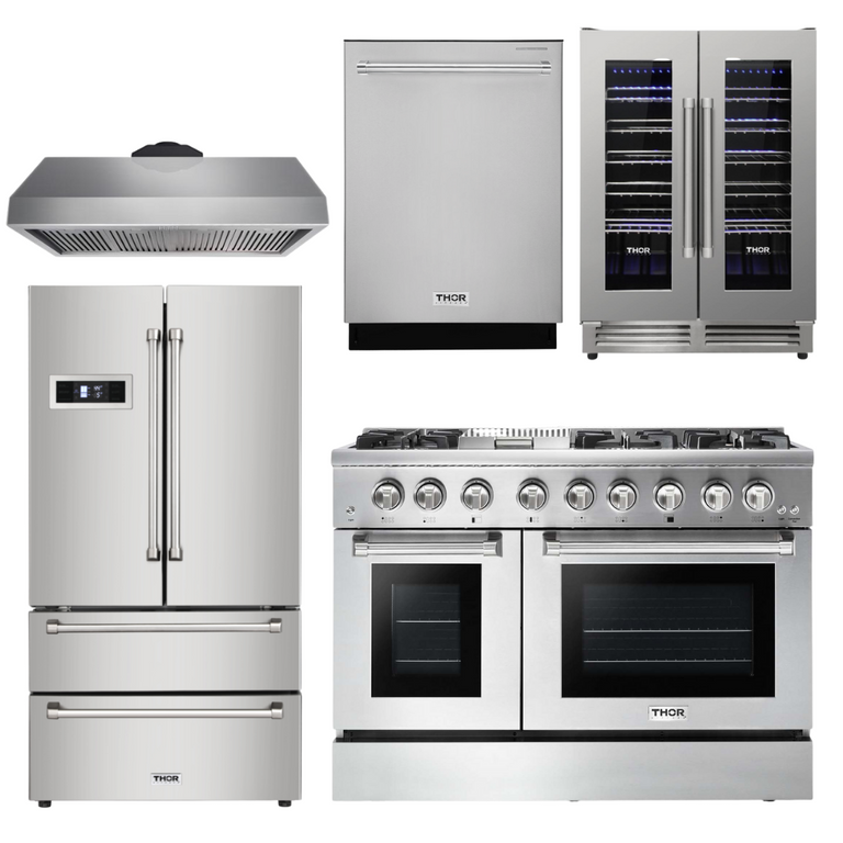 Thor Kitchen 48 in. Gas Burner/Electric Oven Range, Range Hood, Refrigerator, Dishwasher, Wine Cooler, AP-HRD4803U-4