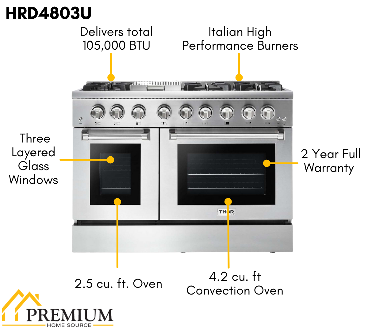 Thor Kitchen 48 in. Natural Gas Burner, Electric Oven 6.7 cu. ft. Range in Stainless Steel, HRD4803U