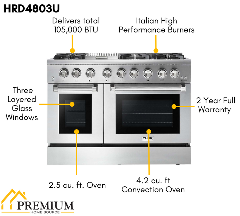 Thor Kitchen Package - 48 in. Dual Fuel Range, Range Hood, Refrigerator, Dishwasher, Microwave Drawer, AP-HRD4803U-8-Premium Home Source