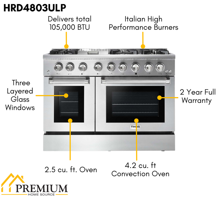 Thor Kitchen Package 48 inch Propane Dual Fuel Range, Range Hood, AP