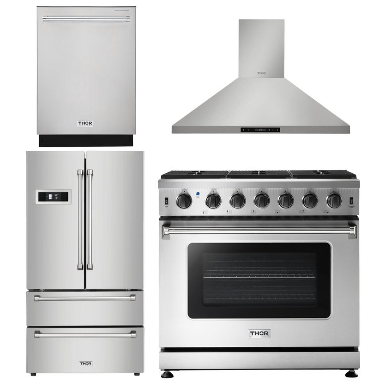 Thor Kitchen 4 Piece Package - 36 in. Liquid Propane Range, Range Hood, Refrigerator & Dishwasher Package, AP-LRG3601ULP-3