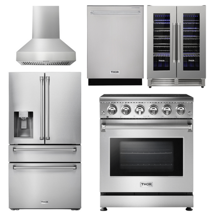 THOR Kitchen Package - 30" Electric Range, Range Hood, Refrigerator with Water and Ice Dispenser, Dishwasher, Wine Cooler, AP-HRE3001-W-8
