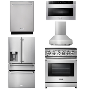 THOR Kitchen Package - 30" Electric Range, Range Hood, Microwave, Refrigerator with Water and Ice Dispenser, Dishwasher, AP-HRE3001-W-9