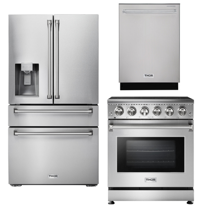 THOR Kitchen Package - 30" Electric Range, Refrigerator with Water and Ice Maker, Dishwasher, AP-HRE3001-9